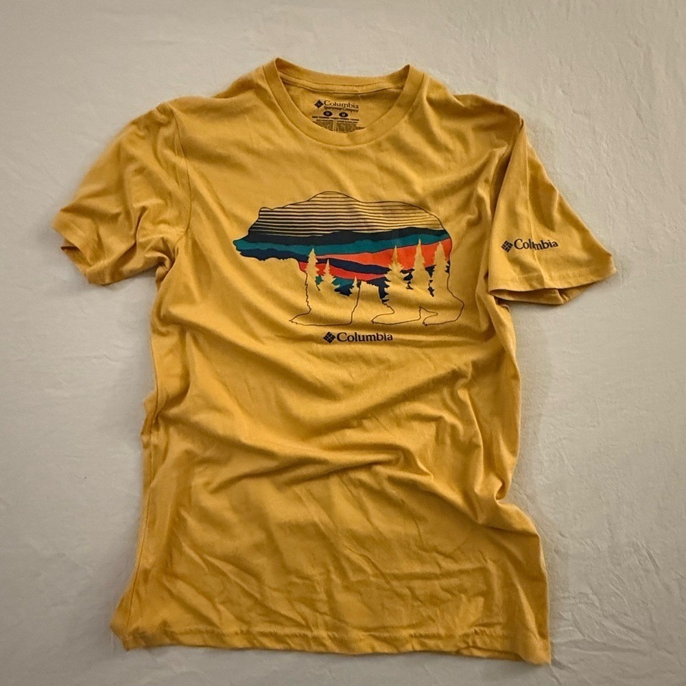 Columbia Mens Bear Sunset Graphic T-Shirt Mustard Yellow Medium Short Sleeve Tee